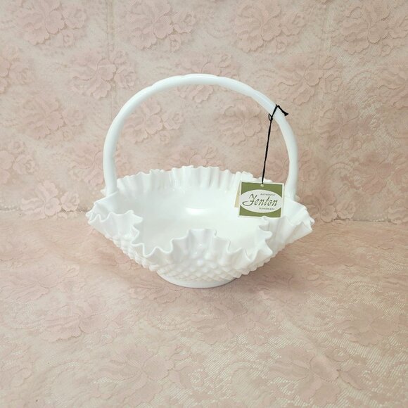 Fenton Hobnail Milk Glass Basket in Original Box with Tag - Picture 7 of 7